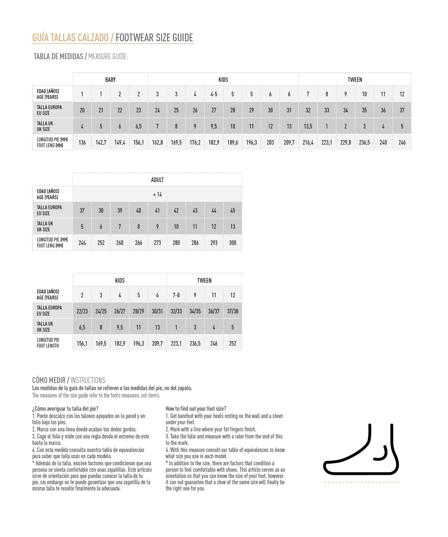 talla calzado