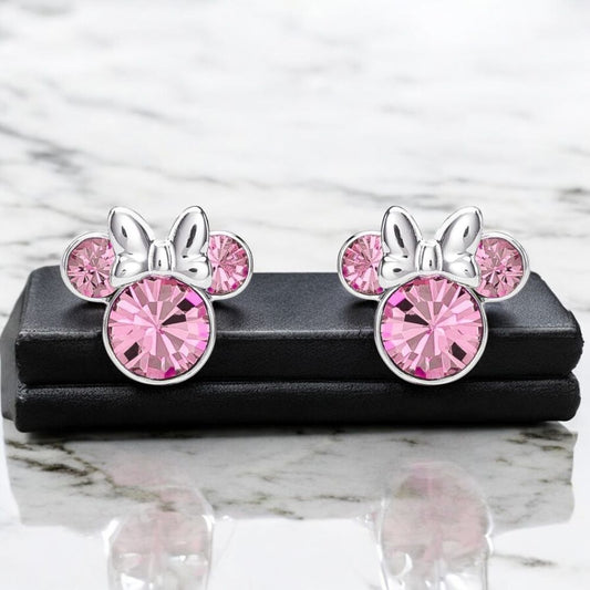Pendientes Oficiales Minnie Mouse Plata | Cristal Rosa con Lazos Plateados | Disney Joyería