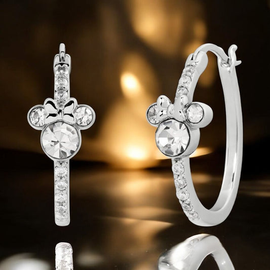 Pendientes Aro Minnie Mouse Disney Plata – Aros Bañados en Plata Ley con Piedras Transparentes y Cabeza Minnie – Accesorios Disney Mujer