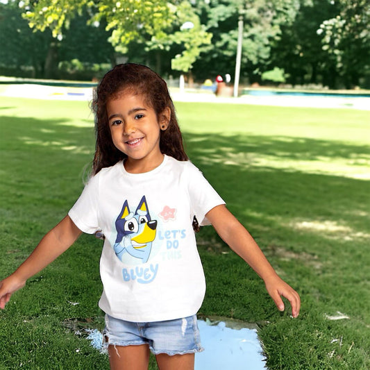 Bluey white children's t-shirt for girls 100% cotton. Gift for girl