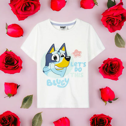 Bluey white children's t-shirt for girls 100% cotton. Gift for girl