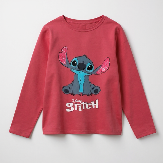 Camiseta manga larga fucsia licencias   Stitch  niña algodón 100%