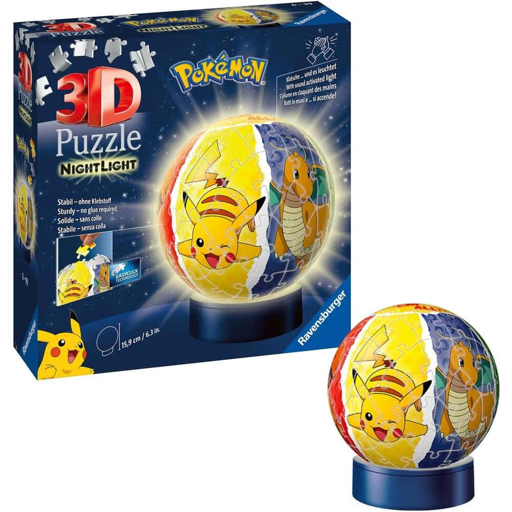 Puzzle 3D Luz Nocturna Pokémon 74 Piezas - Lámpara LED 15.9cm Pokeball Infantil